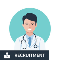 Fototapeta premium Flat vector of a smiling male doctor with a stethoscope. For use in healthcare recruitment and hiring campaigns. Professional and modern design.