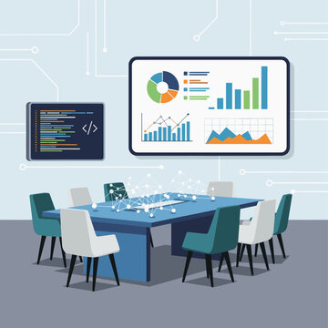 Illustration of a conference room with data visualizations on screens. Great for illustrating data-driven decision making and modern collaboration in 