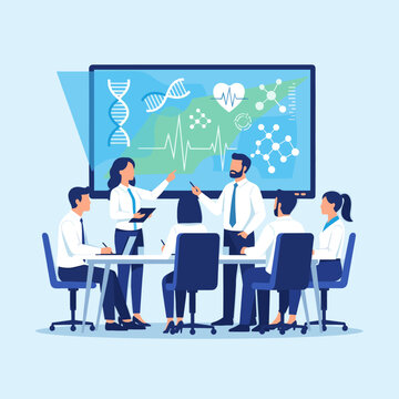 Medical professionals are meeting in a conference room, reviewing DNA and heart data. This image can be used for healthcare marketing, websites, and s