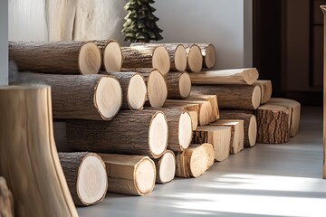 A collection of neatly stacked alder wood logs waits for their chance to be transformed into beautiful furnishings, showcasing the beauty of natural materials.