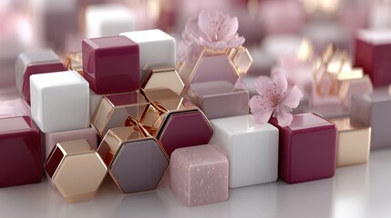 Abstract pattern of pink and white hexagons with geometric shapes