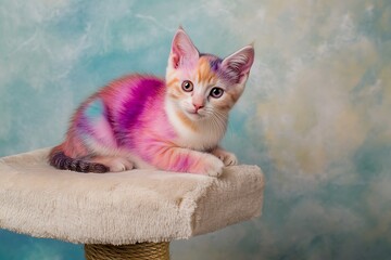 A colorful pet kitty cat with pink and purple fur poses adorably atop a soft cushion, ready for its portrait in a studio setting.