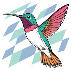 Obraz premium a vibrantly colored hummingbird in flight against a geometric patterned background a striking silhouette high quality