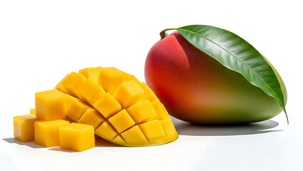 A vibrant whole mango with a green leaf is paired beautifully with a mound of perfectly diced mango cubes.