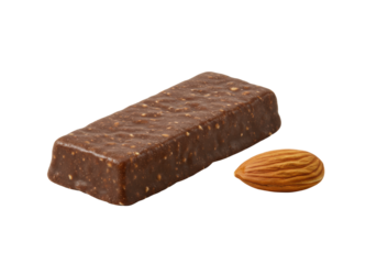 Sleek dark brown high-protein energy bar and a golden-brown whole almond on a seamless transparent studio background with soft, bright light, highlighting natural ingredients concept