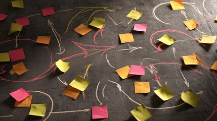 Close-up of colorful sticky notes and chalk markings on a dark surface, showcasing a brainstorming session and creative planning activity.
