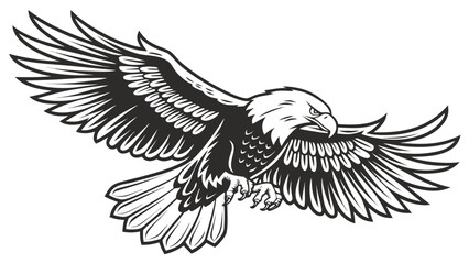 Obraz premium A majestic bald eagle soars with wings spread showcasing its powerful form in a striking silhouette