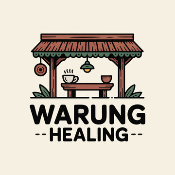 Traditional wooden sign for warung healing featuring elegant script and design