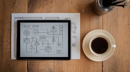Tablet on workspace with technical diagram, printed paper, coffee cup, and pens in a well-lit environment