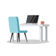 Fototapeta premium Minimalist home office setup with laptop, chair, and coffee cup on a white desk.