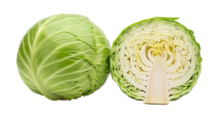 A whole and halved green cabbage on transparent background