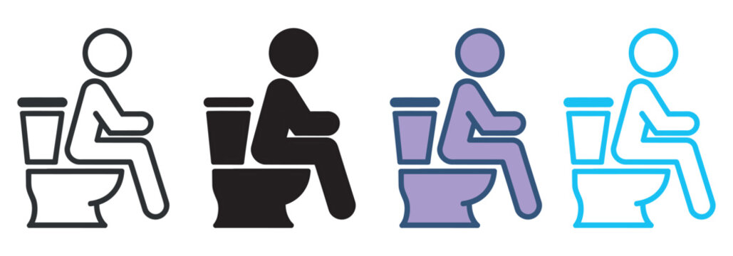 Person sitting on toilet icon set illustrating bathroom and restroom symbols