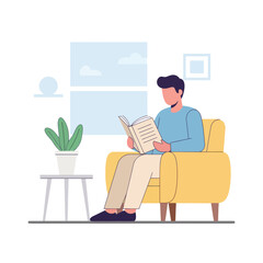 Man Reading Book Sitting in Yellow Armchair at Home