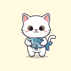 Obraz premium Adorable cartoon of a white feline holding a blue fish against a pastel yellow background, simple design