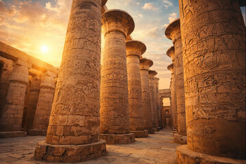 Karnak temple columns casting long shadows at sunset