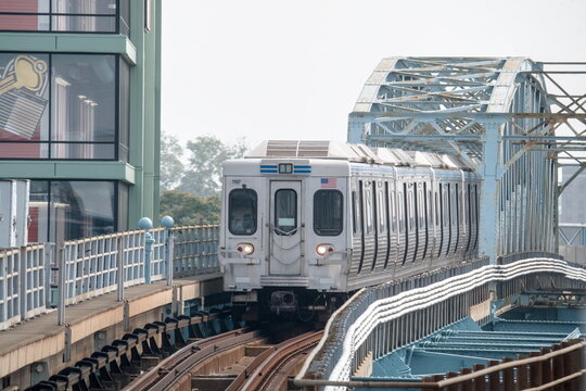 SEPTA train on the Market Frankford line crossing a bridge in Philadelphia