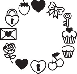 A charming circular arrangement of Valentines Day icons including hearts, flowers, sweets, and romantic symbols