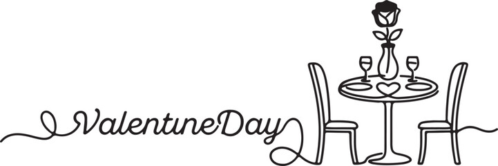 A charming single line drawing illustrating a romantic dinner table setup for Valentine Day celebration