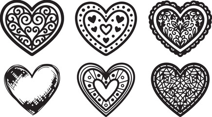 A collection of six uniquely styled heart shapes each featuring distinct decorative patterns