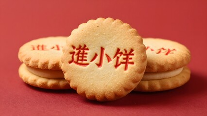 Gros plan sur des biscuits sandwichs festonnés ornés de caractères chinois rouges en relief sur un fond rouge vif.