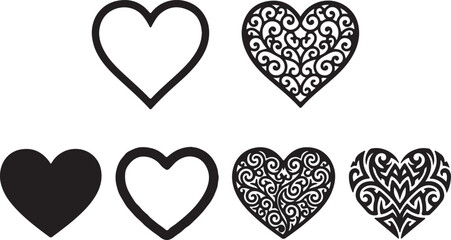A collection of stylized heart shapes featuring solid, outlined, and intricately patterned designs