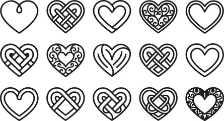 A large collection of diverse heart icons featuring intricate patterns, solid shapes, and elegant outlines