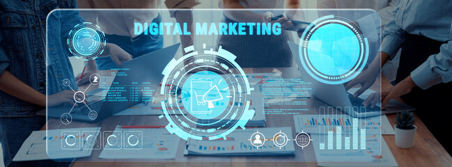 Captivating image showcasing a digital marketing workspace with data visualization elements, highlighting teamwork and innovative strategies for effective business growth. Trope