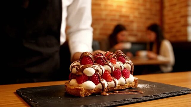 A professional waiter in a stylish restaurant setting presents an exquisite raspberry tart adorned with fresh cream and rich chocolate drizzle, offering a delightful culinary experience to patrons