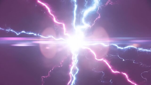 Dynamic energy discharge with vibrant blue and pink lightning bolts emanating from a bright central light source against a dark purple background.