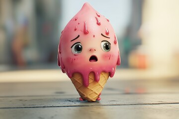 A cute melting ice cream character wears a concerned expression, humorously personifying the often-overlooked joys and challenges of hot days.