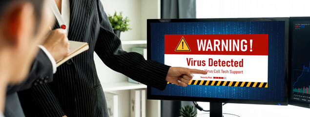 Virus warning alert on computer screen detected brisk cyber threat , hacker, computer virus and malware