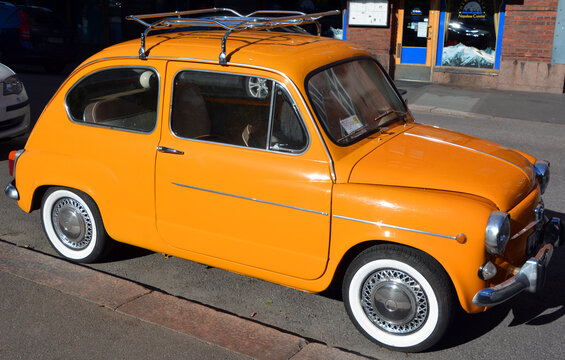 HELSINKI FINLAND 09 25 2015: The Fiat 600  is a city car produced by the Italian manufacturer Fiat from 1955 to 1969. Measuring only 3.22 m (10 ft 7 in) long, it was the first rear-engined Fiat