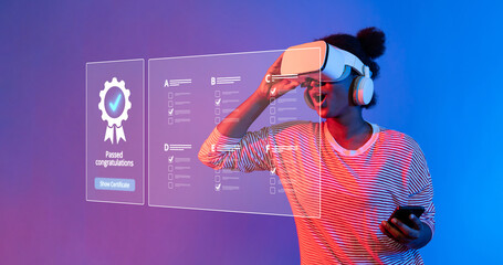 A woman engages with virtual reality technology, celebrating a certification achievement. The vibrant background emphasizes modern concepts in quality assurance and client satisfaction. XDMCP
