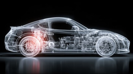 Futuristic transparent wireframe sports car with visible engine and red highlight on wheel.

