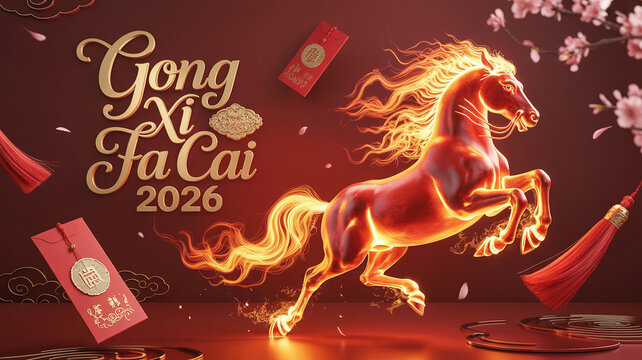 Fiery horse with Gong Xi Fa Cai greeting and red envelopes for Chinese New Year 2026 flame