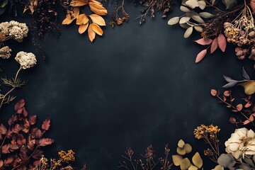 A dark academia-inspired flat lay features dried flowers and foliage scattered across a black surface, creating a moody, contemplative scene.