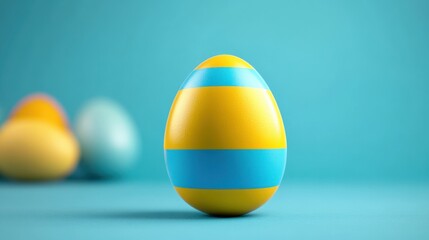 Colorful easter eggs with blue and yellow stripes on teal background