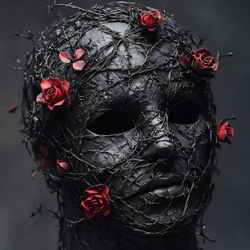 Conceptual mask made of woven barbed wire and red roses representing the duality of pain and beauty