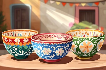 A decorative bowl set cartoon vector illustration presents a whimsical touch to kitchenware, blending functionality with style.