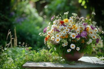 A delicate arrangement of wild field flowers brightens a table, set against the lush greenery of a summer garden, creating an idyllic atmosphere.