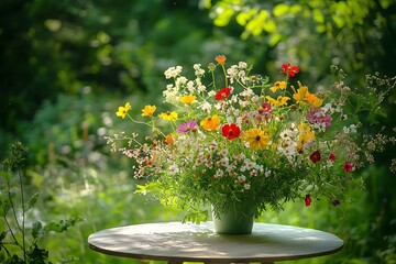 A delicate arrangement of wild field flowers brightens a table, set against the lush greenery of a summer garden, creating an idyllic atmosphere.