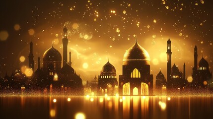 Golden cityscape with illuminated mosques and domes at night