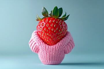 A delightful strawberry character depicted in a pink sweater humorously personifies food in a surreal and playful manner.