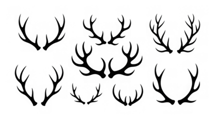 Set of antlers vector illustration. Collection of black deer antlers and horns silhouette isolated on white background. Design suitable for sticker, card, comic, print, poster, logo, decoration.