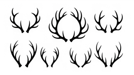 Set of antlers vector illustration. Collection of black deer antlers and horns silhouette isolated on white background. Design suitable for sticker, card, comic, print, poster, logo, decoration.