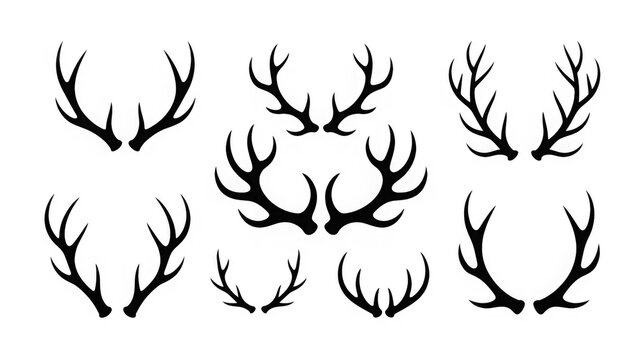Set of antlers vector illustration. Collection of black deer antlers and horns silhouette isolated on white background. Design suitable for sticker, card, comic, print, poster, logo, decoration.