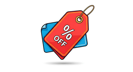 A cartoon illustration of a red discount tag with a blue tag underneath on a white background