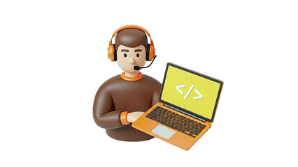 3D Coder with Headphones and Laptop
