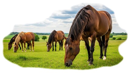 Brown Horses Grazing in Green Pasture under Cloudy Sky