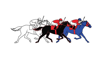 A vibrant illustration depicting a horse race with jockeys and colorful horses © Taylor